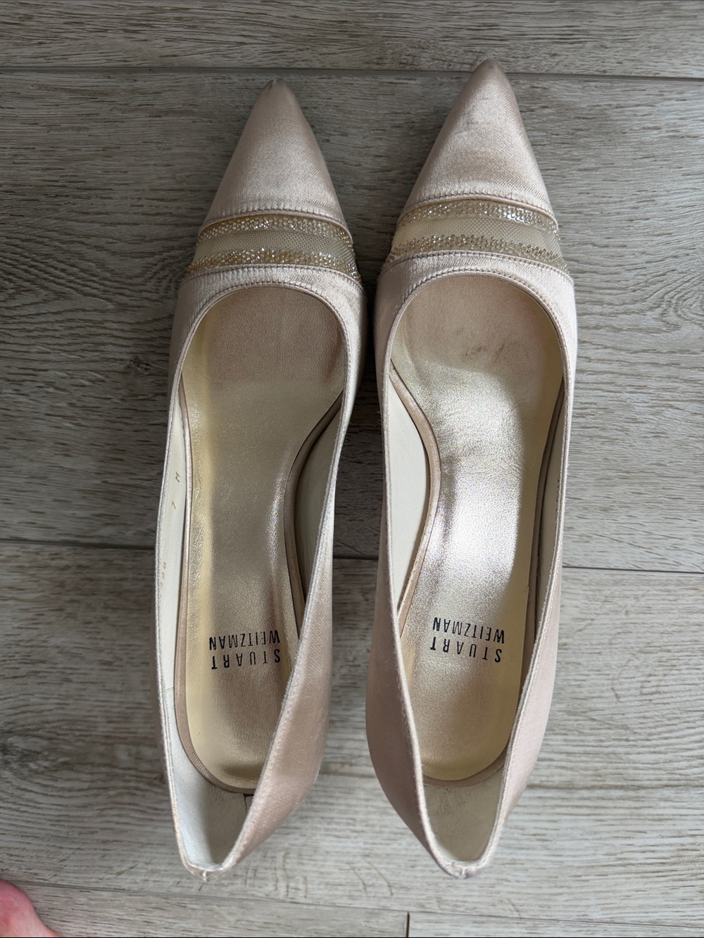 Stuart Weitzman Gold Pointed Toe Pumps with Metallic Trim 3” heel
